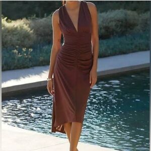 Anthropologie Brown Ruched V-Neck Sleeveless Midi Dress